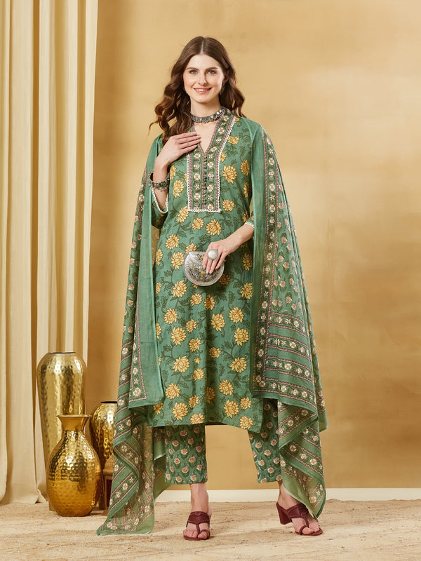 Green A-Line Kurta Pant Set With Dupatta