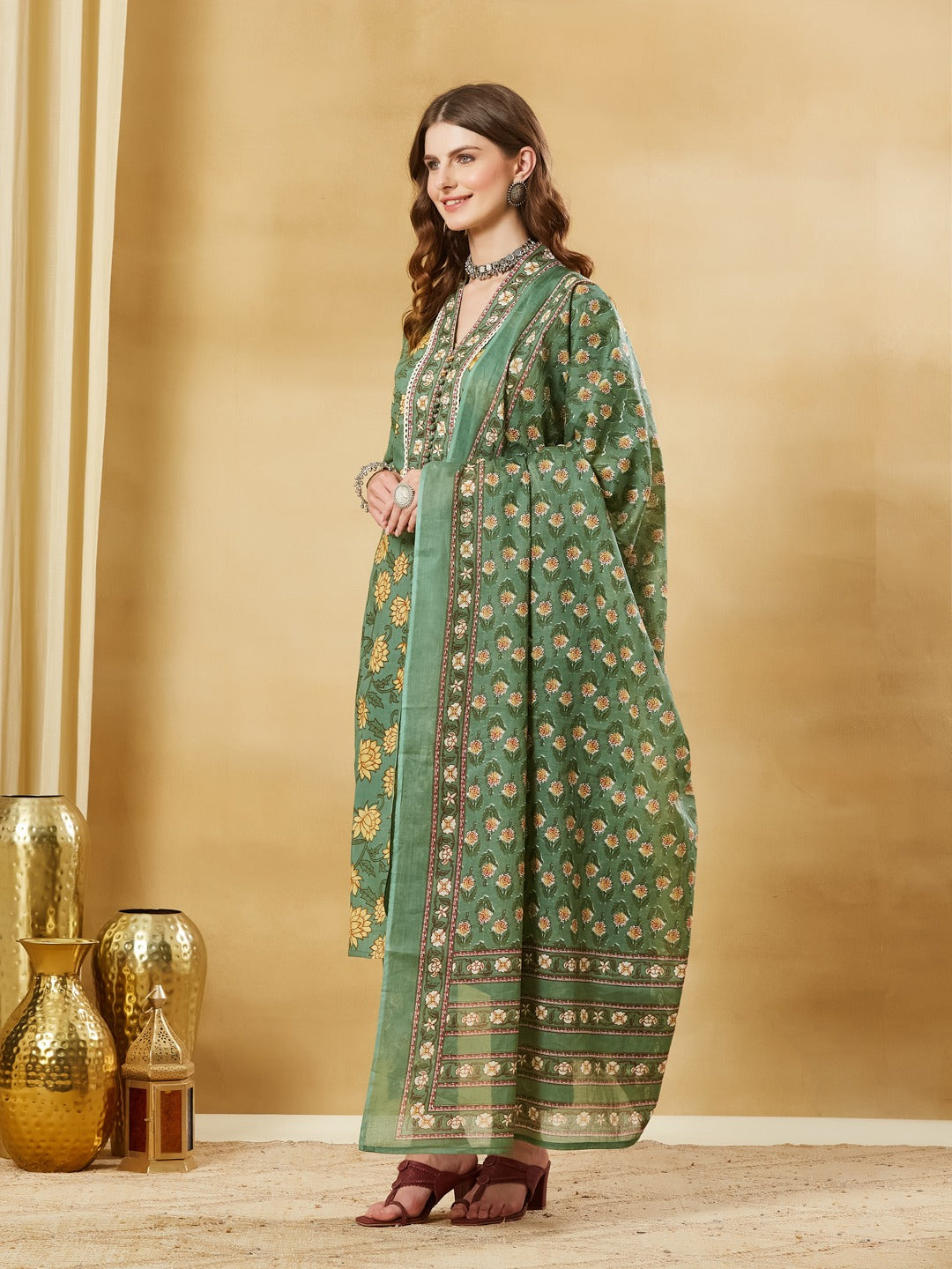 Green A-Line Kurta Pant Set With Dupatta