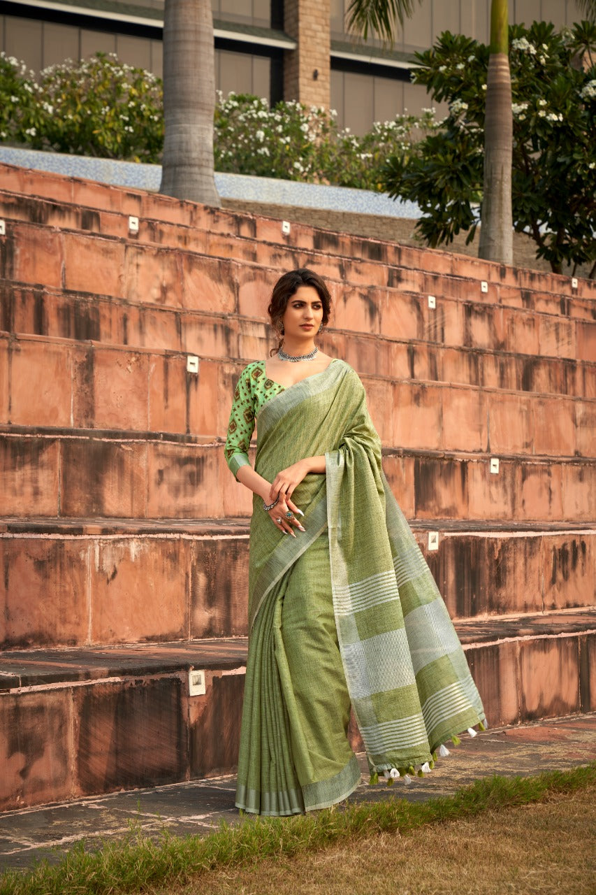 Timeless Elegance Meets Organic Luxury: Soft Linen Silk Sarees with Textured Khadi Work & Designer Blouse Piece