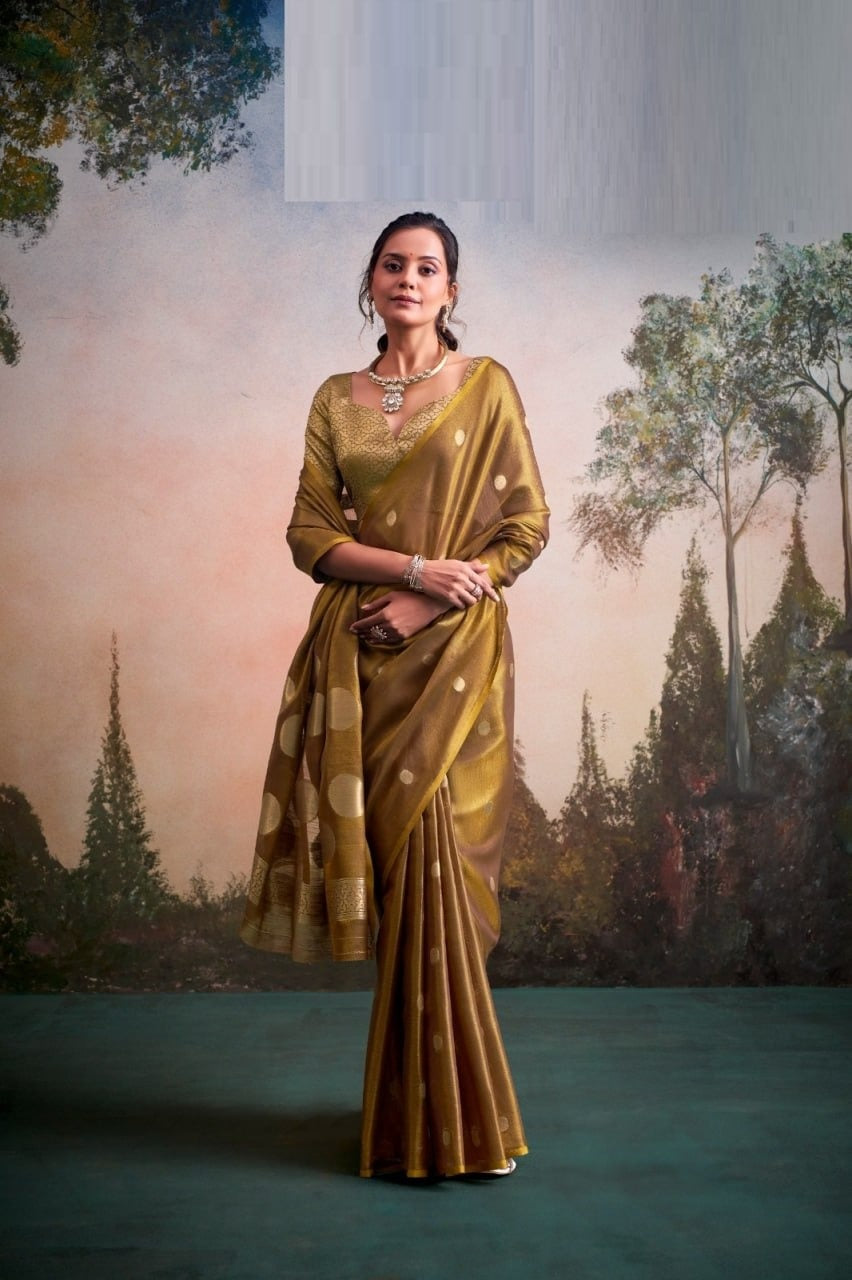 Luminous Tissue Silk with Gold Zari Motifs