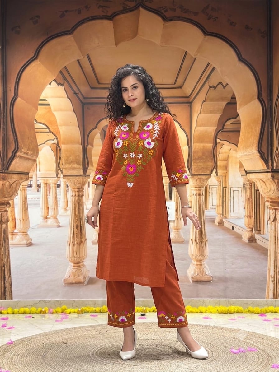 Woman wearing an orange ethnic kurta set with floral embroidery and matching trousers.