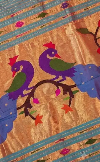 Elegant orange silk saree with colorful peacock motifs and traditional floral patterns.