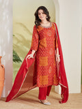 Embroidered Printed Straight Fit Muslin Kurta Pant with Dupatta Set