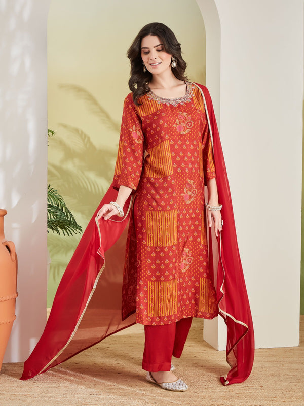 Embroidered Printed Straight Fit Muslin Kurta Pant with Dupatta Set