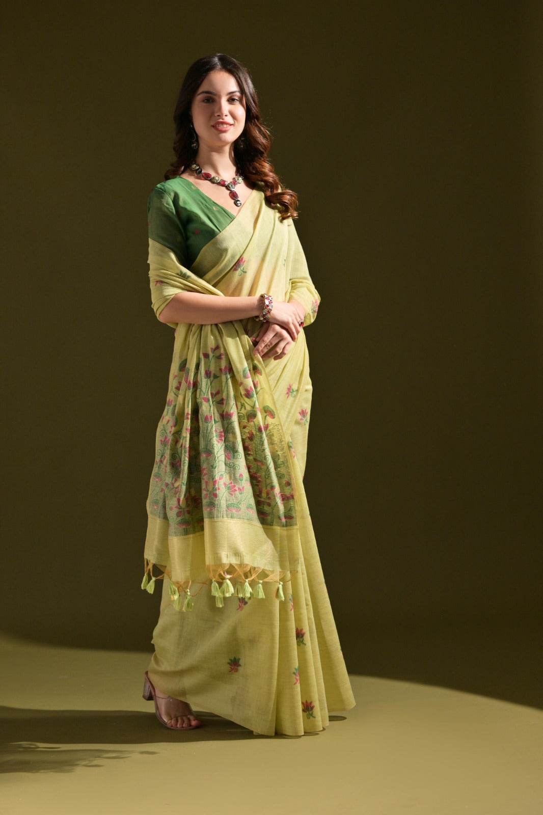 Designer Muga Cotton Saree – Intricate Resham Weave & Pichwai Inspired Motif