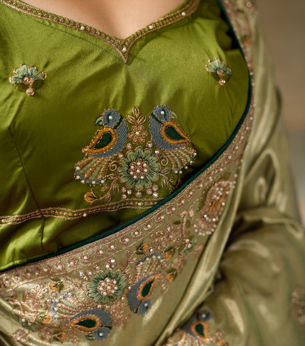 Designer Banarasi Silk Jacquard Saree with Zarkan & Pearl Handwork with Contrast Blouse