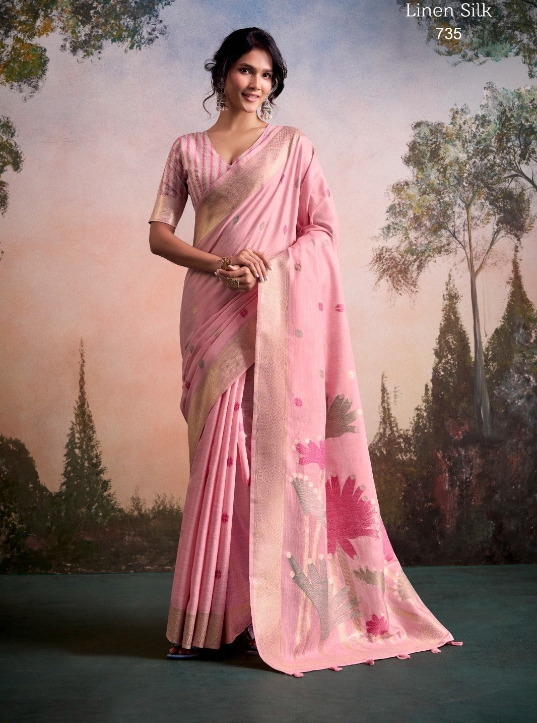 Ethereal Linen Silk Saree with Floral Motif Pallu & Printed Blouse Piece