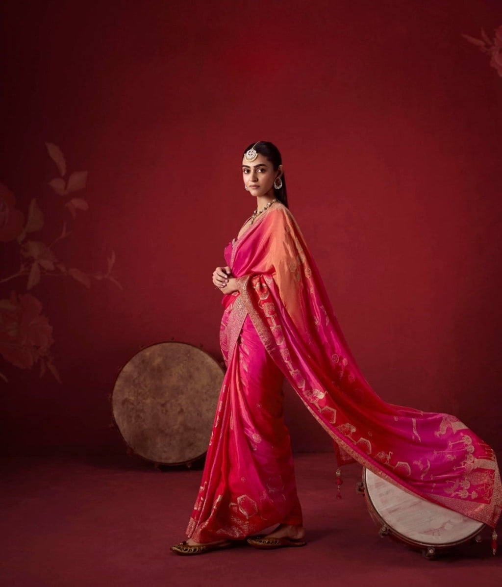 Ombré Dola Crape Silk Saree with Handcrafted Kundan Blouse