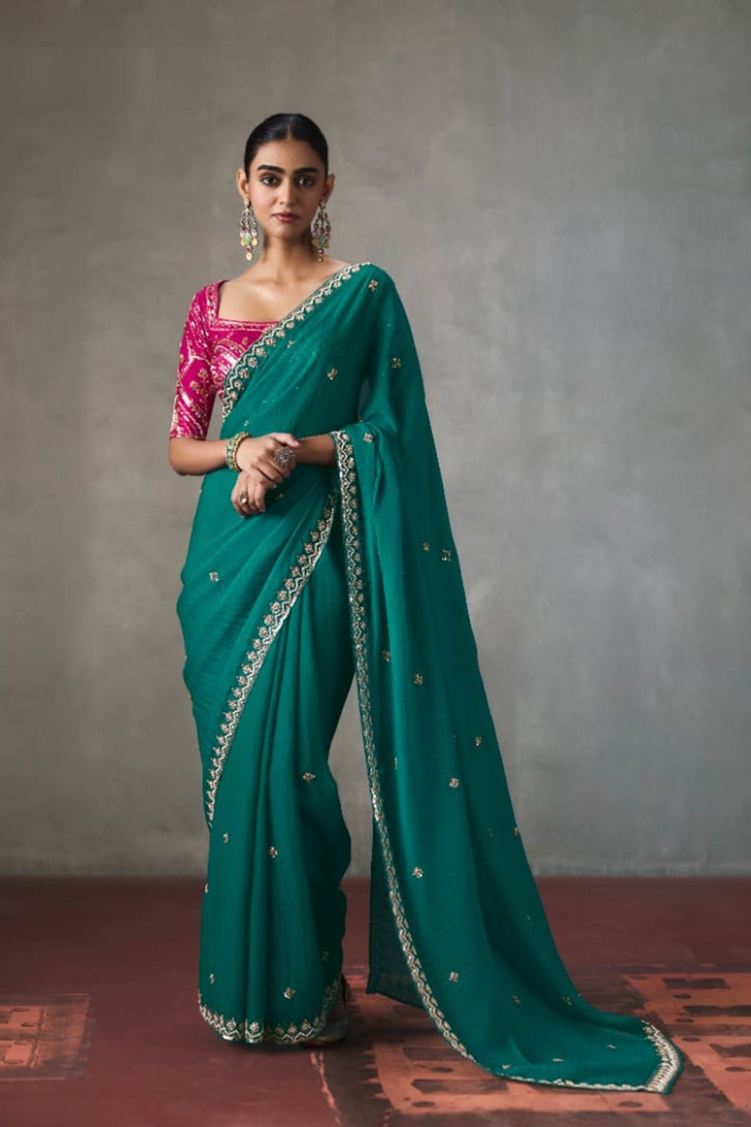 Embellished Sheer Silk Saree with Heavy Contrast Work Blouse