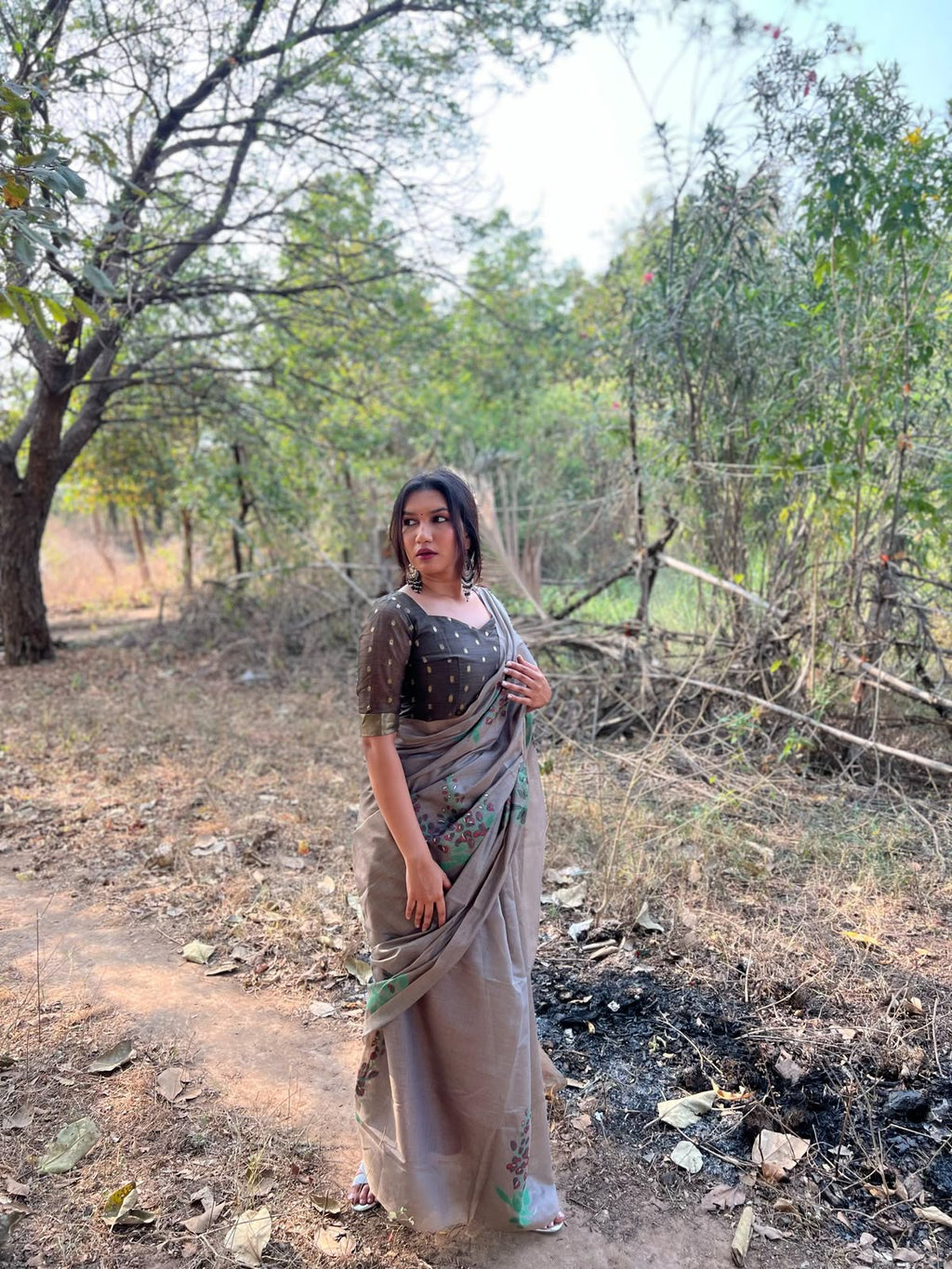 Premium Soft Muga Silk Saree with All-Over Floral Weaving & Contrast Blouse