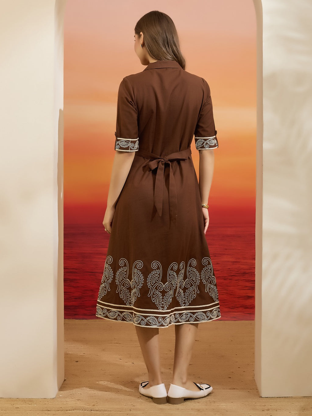 Brown Embroidered Cotton Flex Dress with Collared Neck & Front Buttons