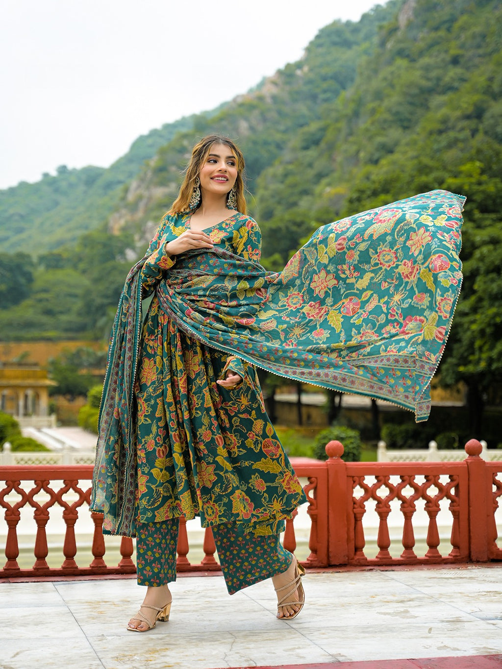 Dark Green V-Neck Pure Cotton Anarkali Kurta Set