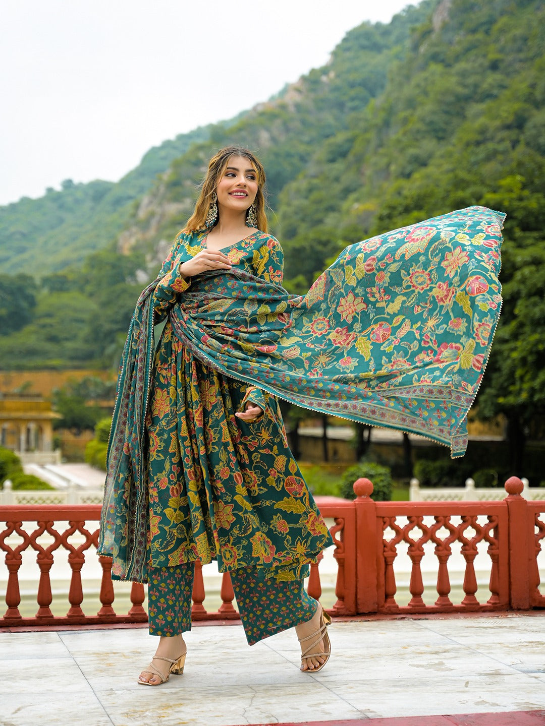 Dark Green V-Neck Pure Cotton Anarkali Kurta Set