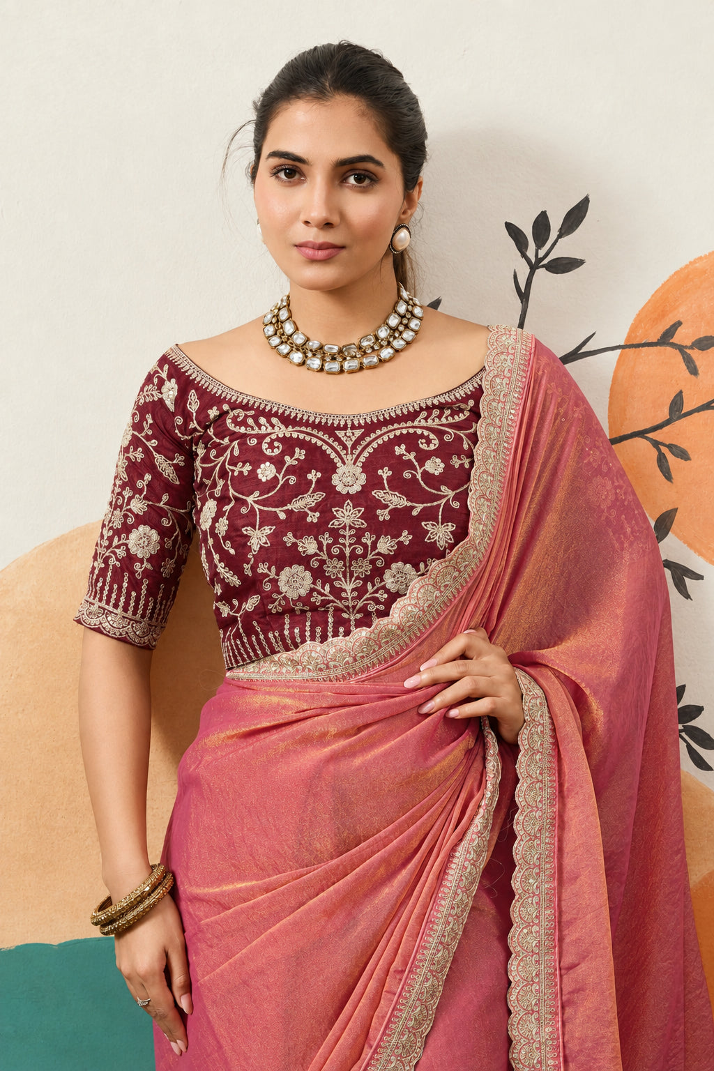 Designer Border Moss Saree & Sequined Silk Blouse