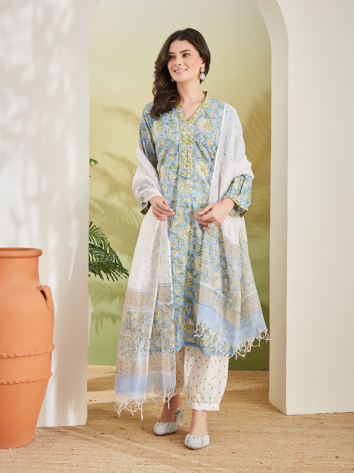 Sky Blue Handblock Printed Pure Cotton Kurta Set with Patiala Salwar & Kota Doria Dupatta