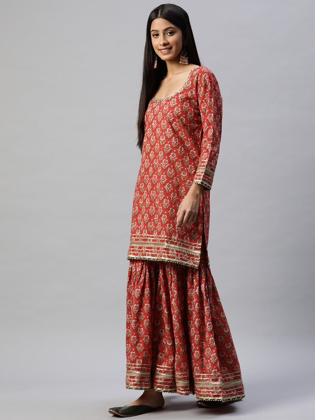 Red Dabu Printed Kurta Sharara Set with Kota Doria Dupatta