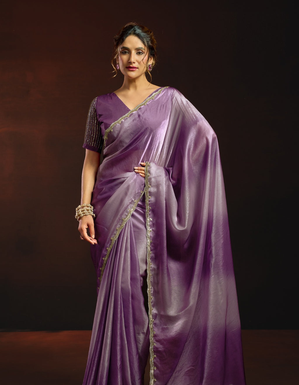Dual-Tone Digital Shaded Fandy Satin Saree with Intricate Beadwork Border