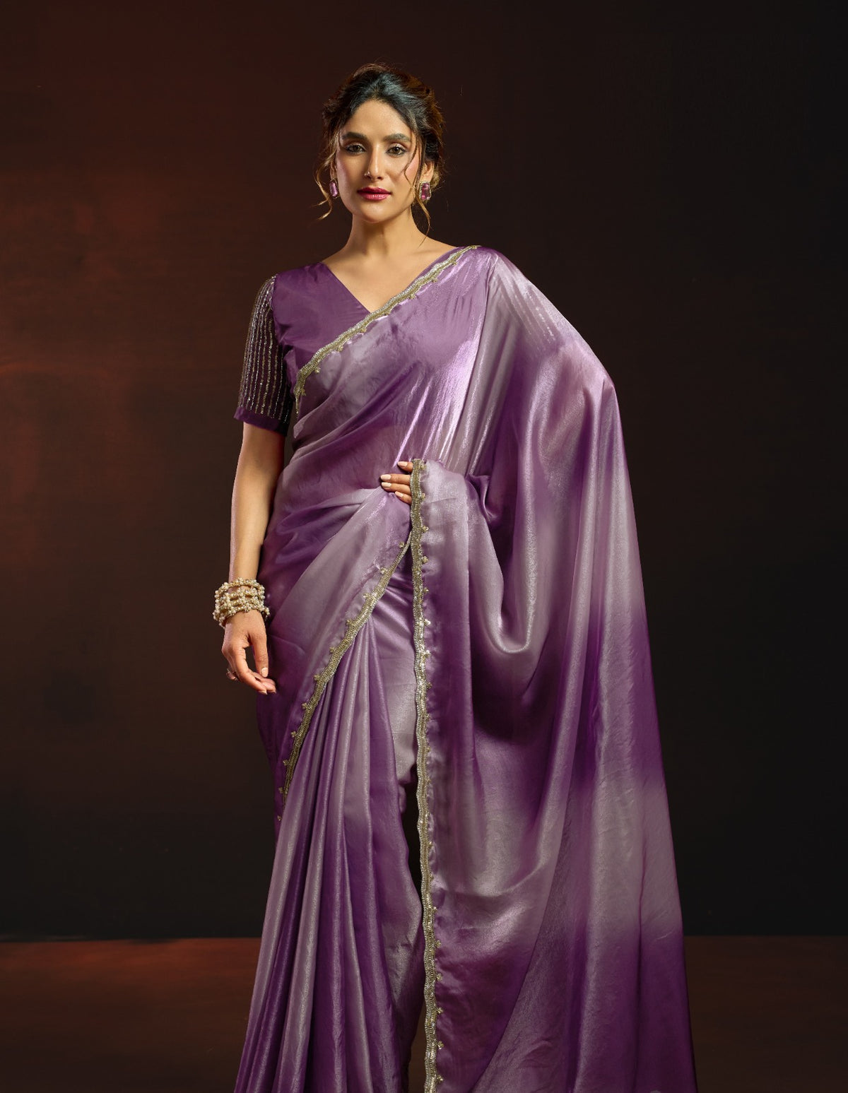 Dual-Tone Digital Shaded Fandy Satin Saree with Intricate Beadwork Border