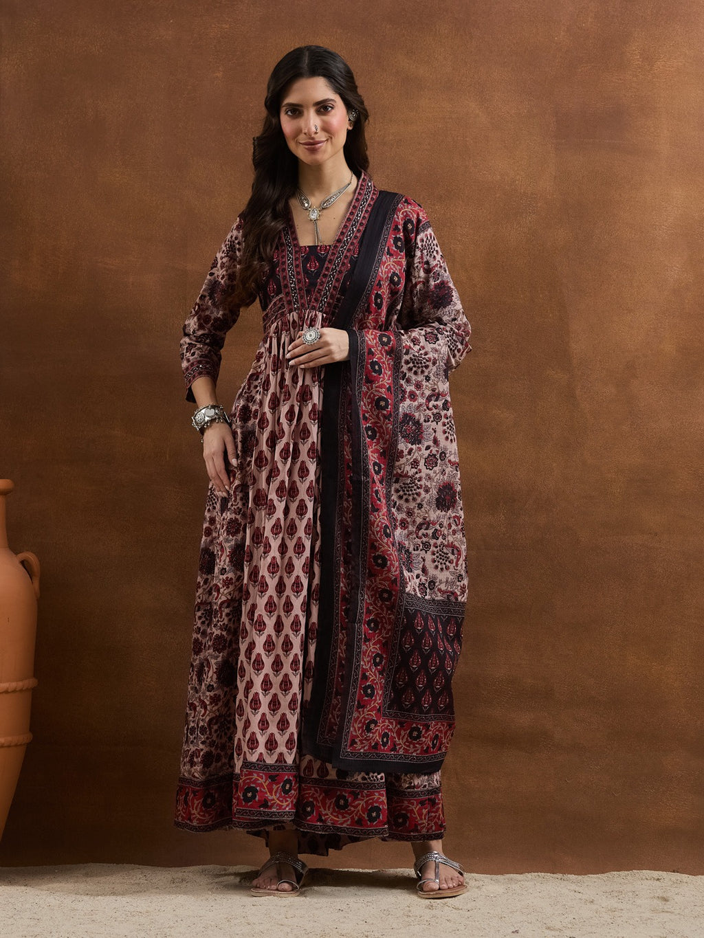 Dusty Pink Floral Printed Cotton Anarkali Kurta Set with Pants & Dupatta