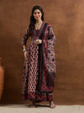 Dusty Pink Floral Printed Cotton Anarkali Kurta Set with Pants & Dupatta