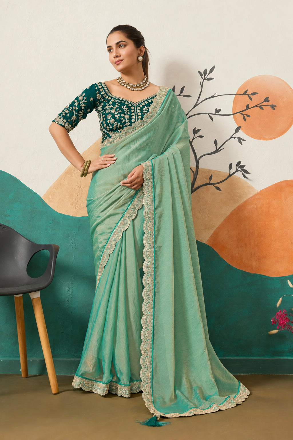 Designer Border Moss Saree & Sequined Silk Blouse