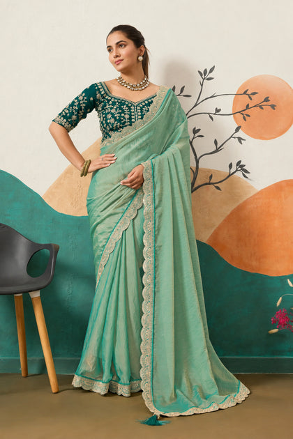Designer Border Moss Saree & Sequined Silk Blouse