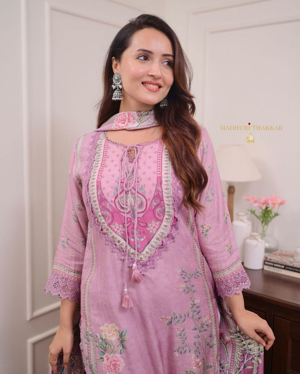 Lilac Pure Muslin Printed Suit Set with Hand Embroidery & Pearl Mala