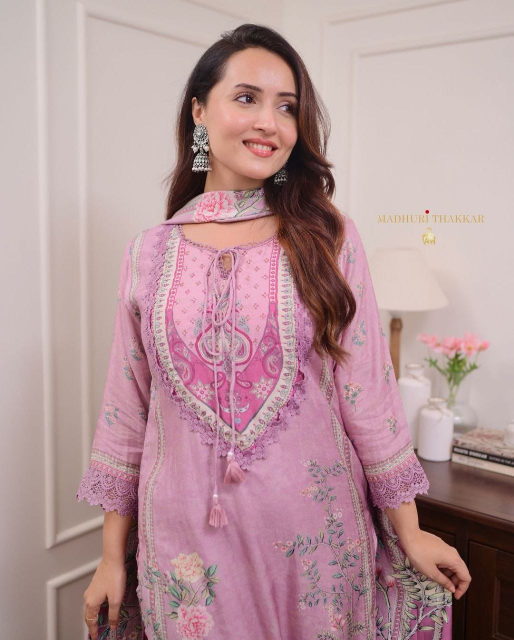 Lilac Pure Muslin Printed Suit Set with Hand Embroidery & Pearl Mala