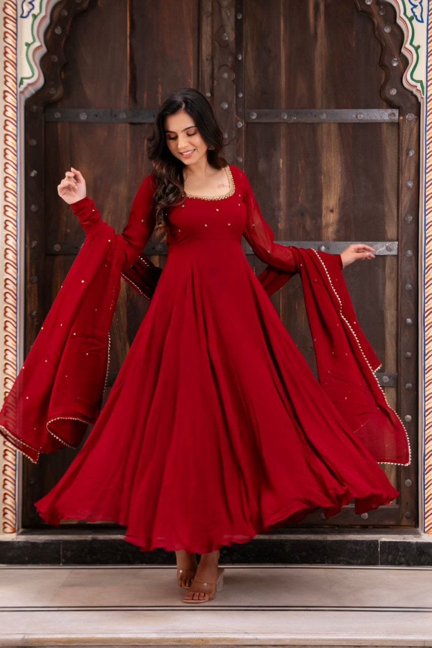 Elegance in Motion: Regal Maroon Fox Georgette Anarkali Suit Set with Intricate Handwork