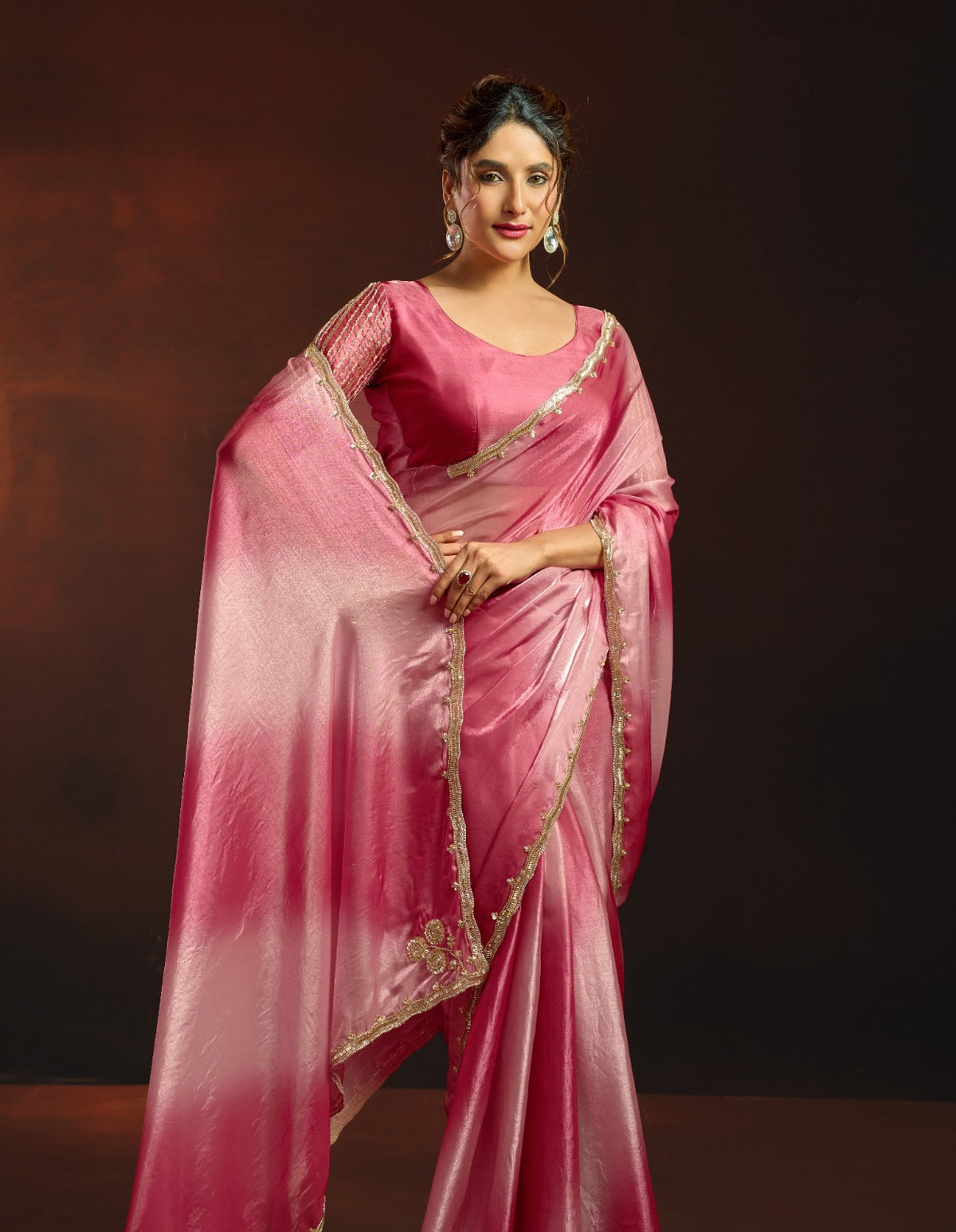 Dual-Tone Digital Shaded Fandy Satin Saree with Intricate Beadwork Border