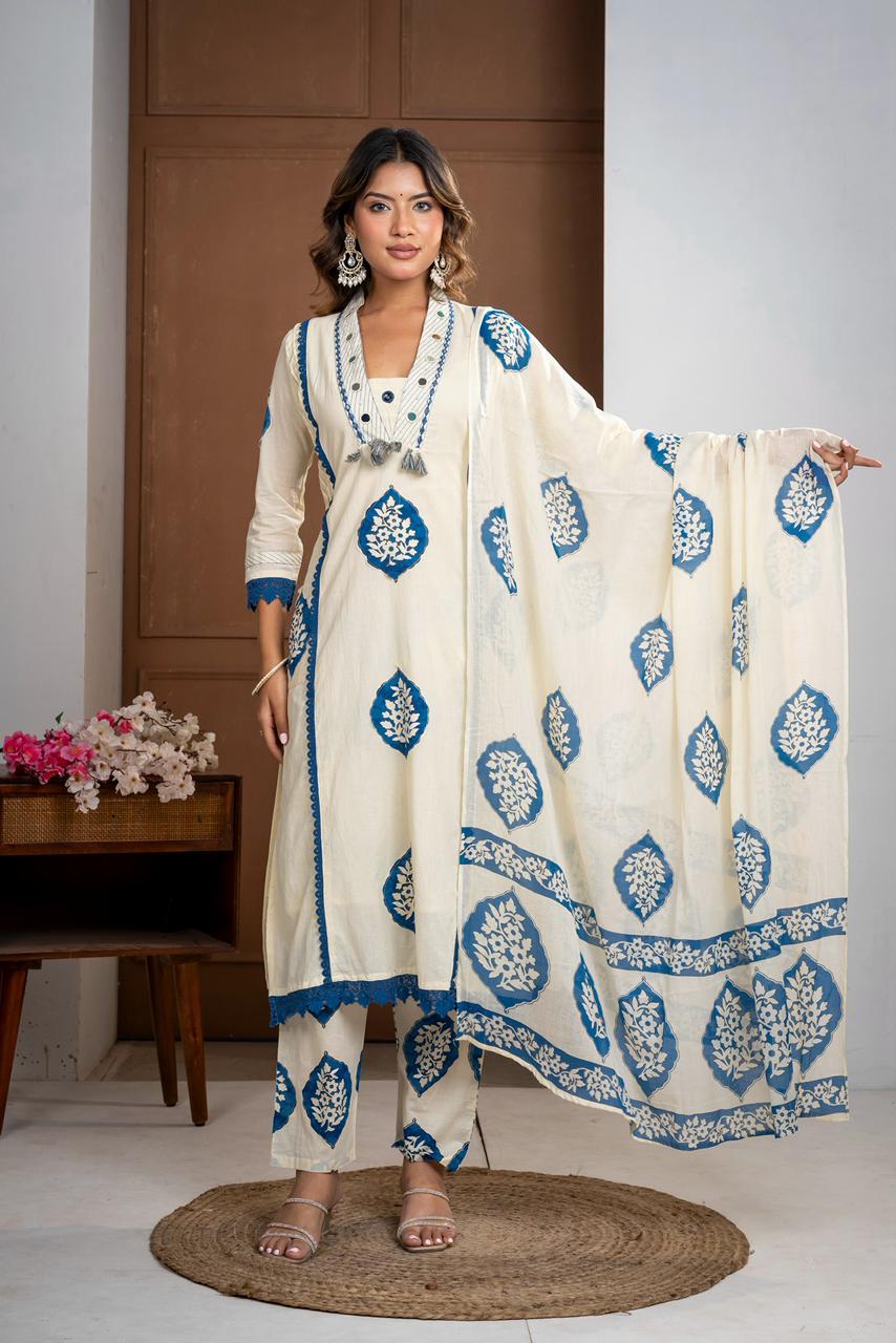 Premium Mal Cotton Floral Printed Suit Set with Embroidered Neckline & Lace Accents