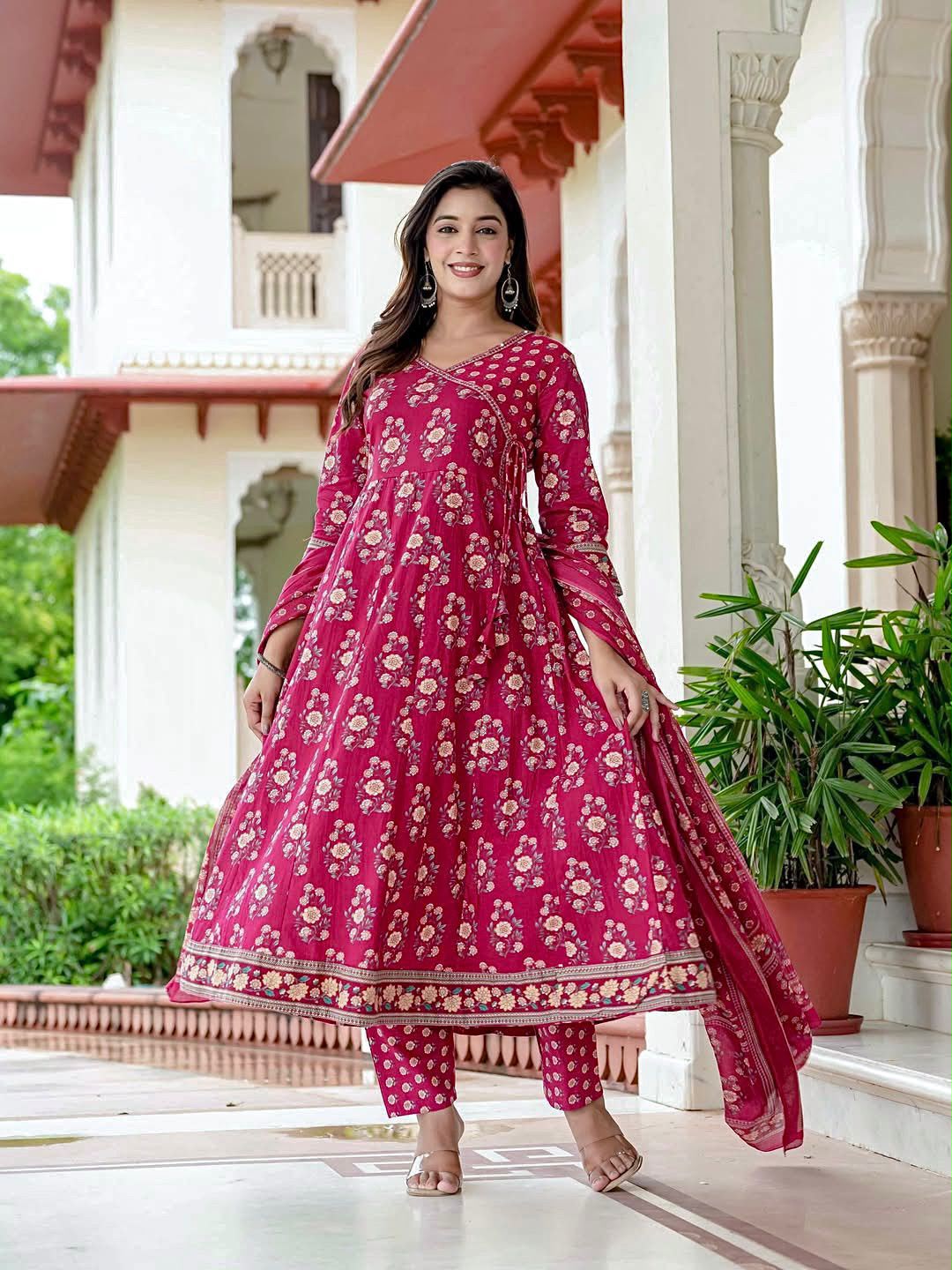 Pure Cotton Printed Angrakha Anarkali Suit Set with Sequence Adda Work
