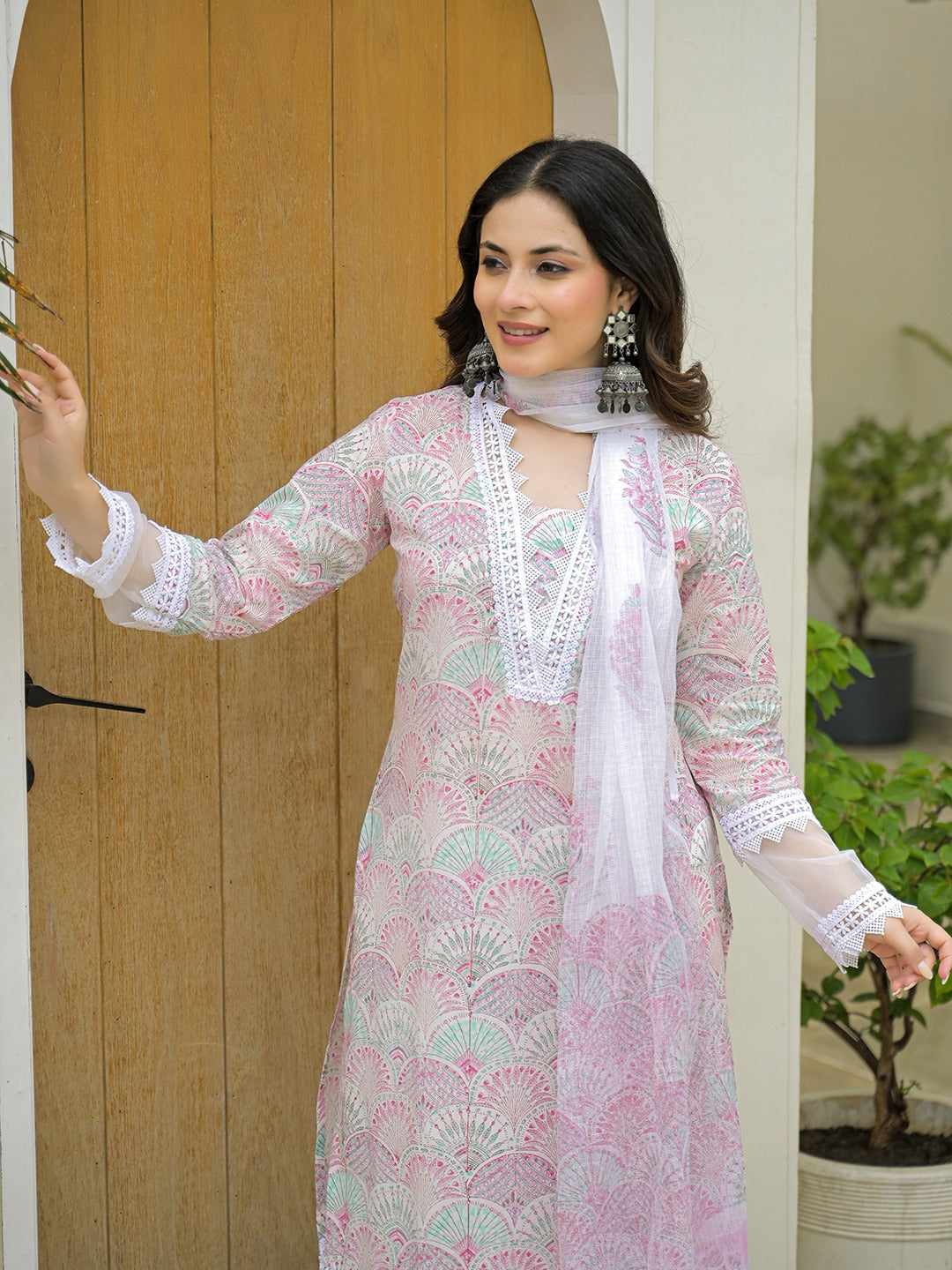White Hand Block Straight Kurta Pant Sets With Dupatta