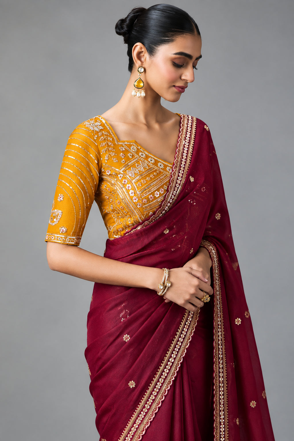 Embellished Sheer Silk Saree with Heavy Contrast Work Blouse