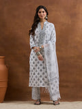 Women's Floral Buti V-Neck Pure Cotton Kurta Set with Kota Doria Dupatta