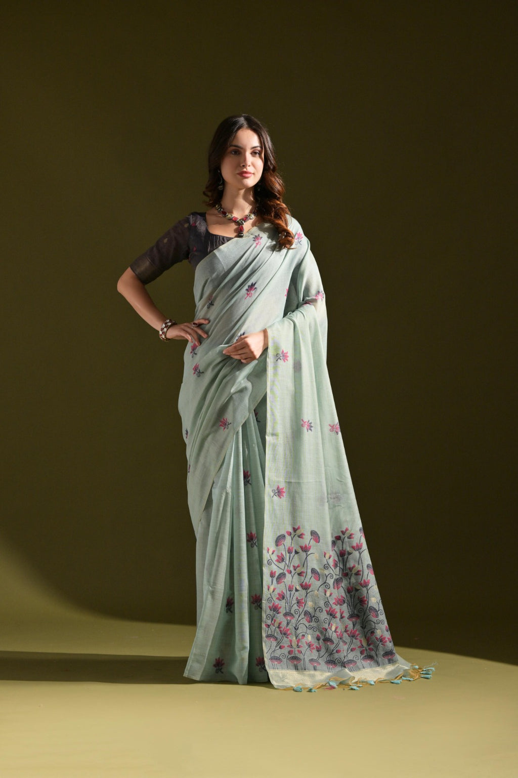Designer Muga Cotton Saree – Intricate Resham Weave & Pichwai Inspired Motif