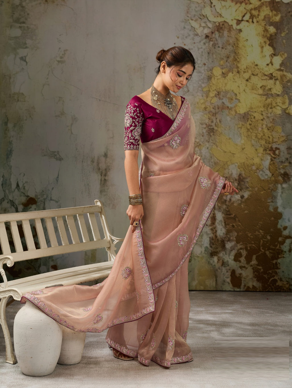 Metallic Tissue Saree with Pita Zari & Antique Sleeve-Embroidered Satin Blouse