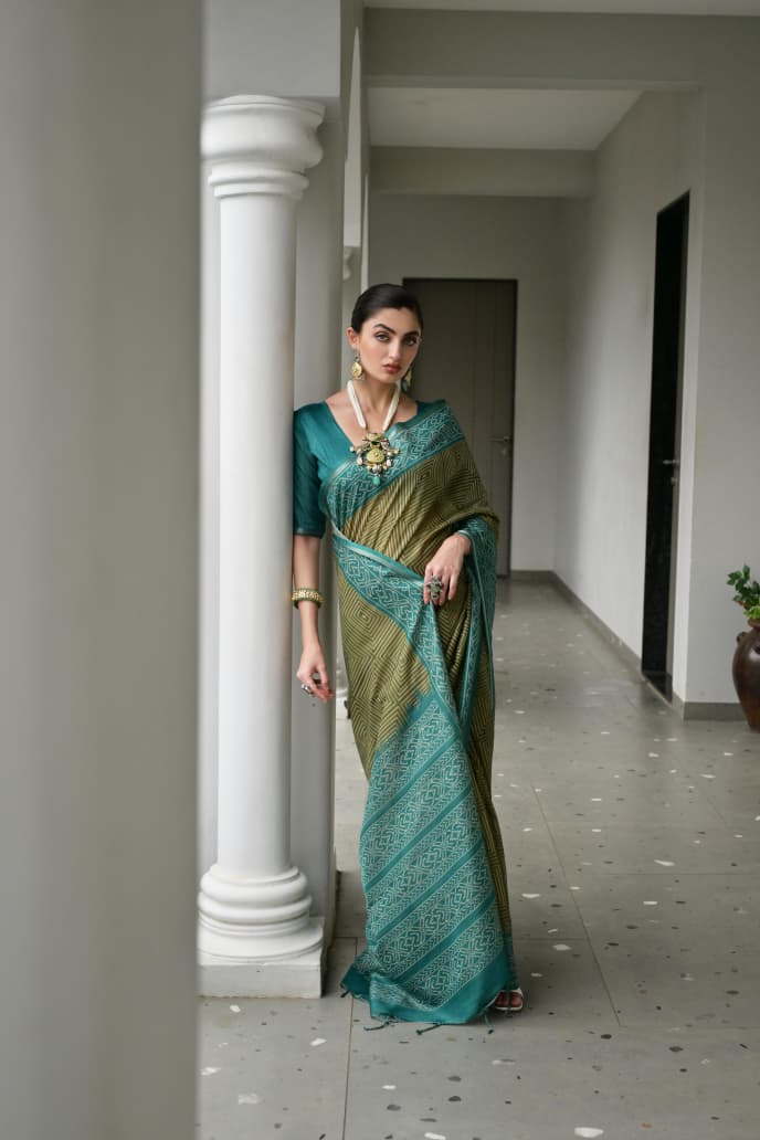 Soft Desi Tussar Silk Saree with Traditional Ikkat Pallu & Tassels