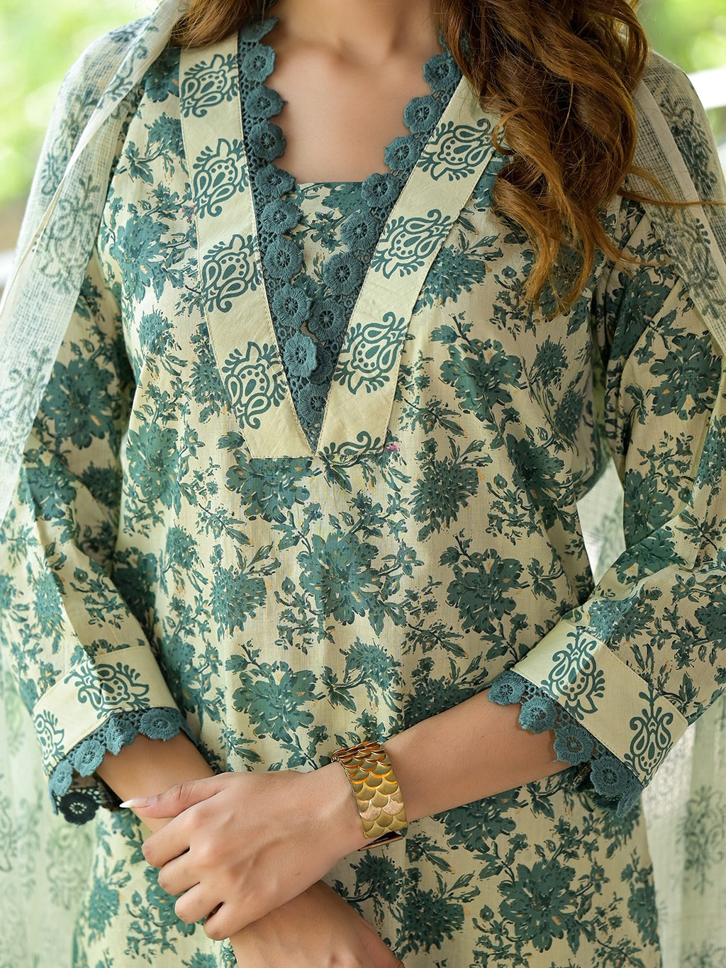 Bottle Green Floral Print Kurta Set for Women
