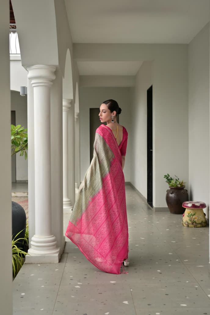 Soft Desi Tussar Silk Saree with Traditional Ikkat Pallu & Tassels