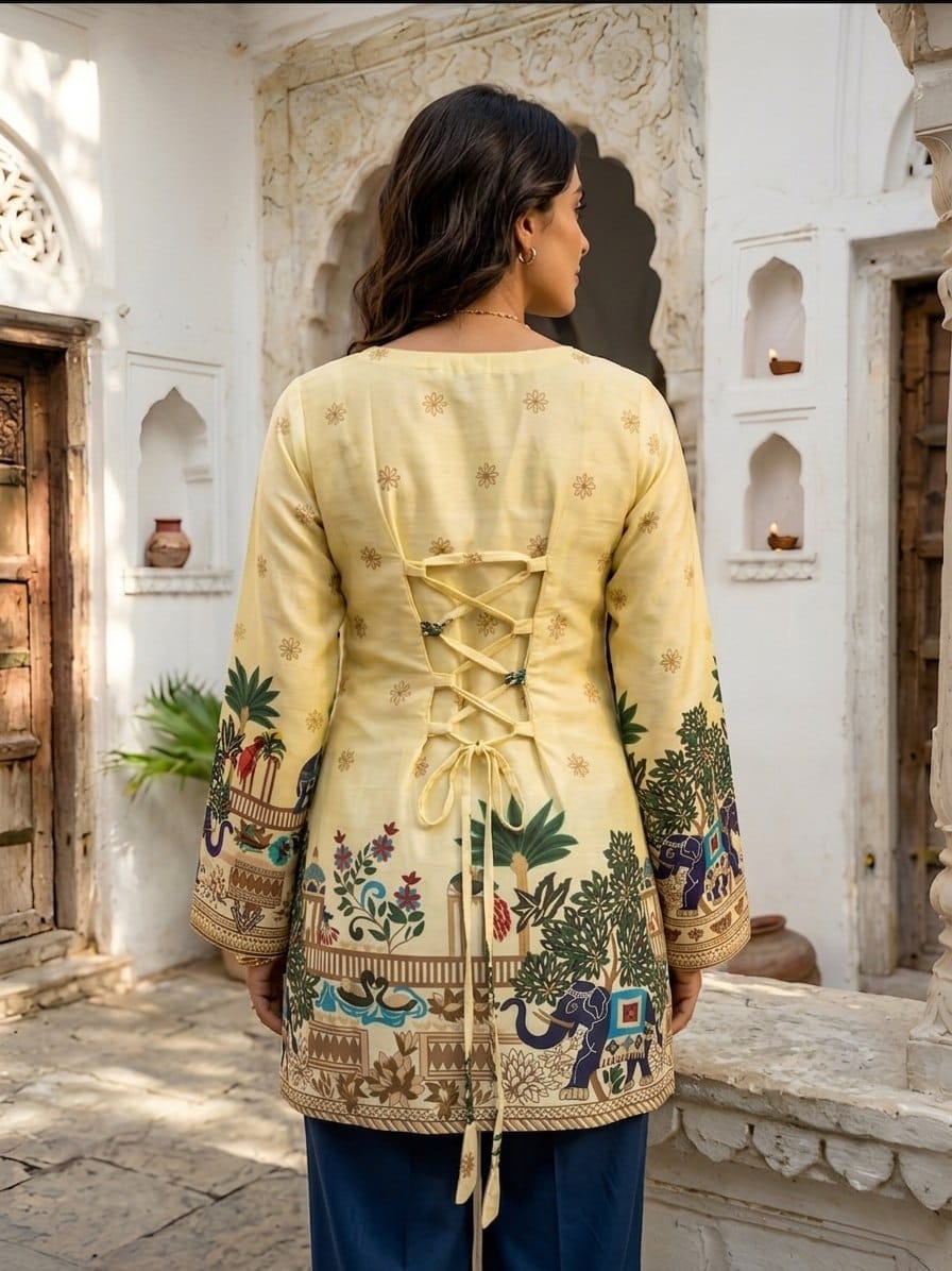 Radiant Heritage: Off-White Cotton Kalamkari Tunic with Yellow Glow