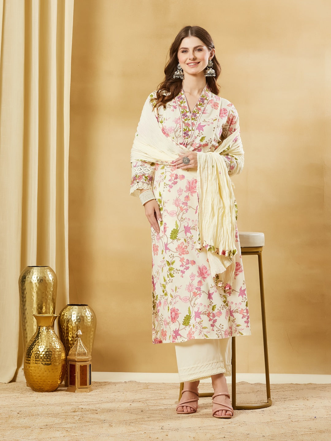 White A-Line Kurta Pant Set With Dupatta