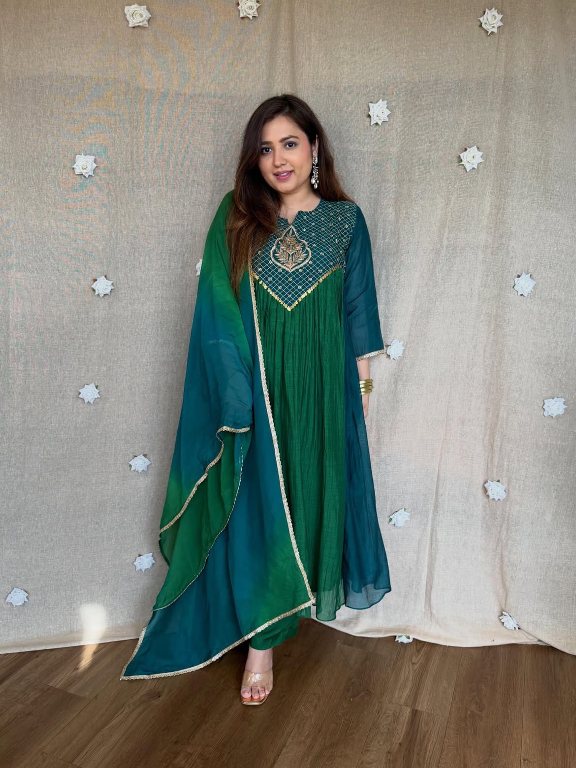 Pure Handcrafted Royalty! 2-Tone Green Mal Chanderi Anarkali 4-Piece Set