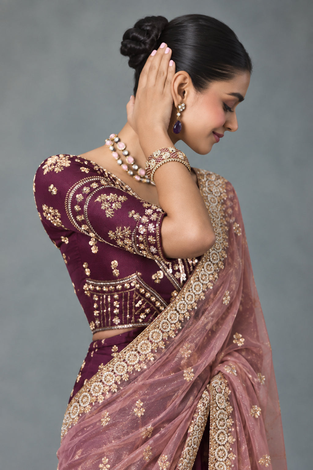 Embellished Sheer Silk Saree with Heavy Contrast Work Blouse