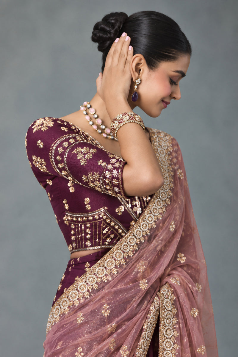 Embellished Sheer Silk Saree with Heavy Contrast Work Blouse