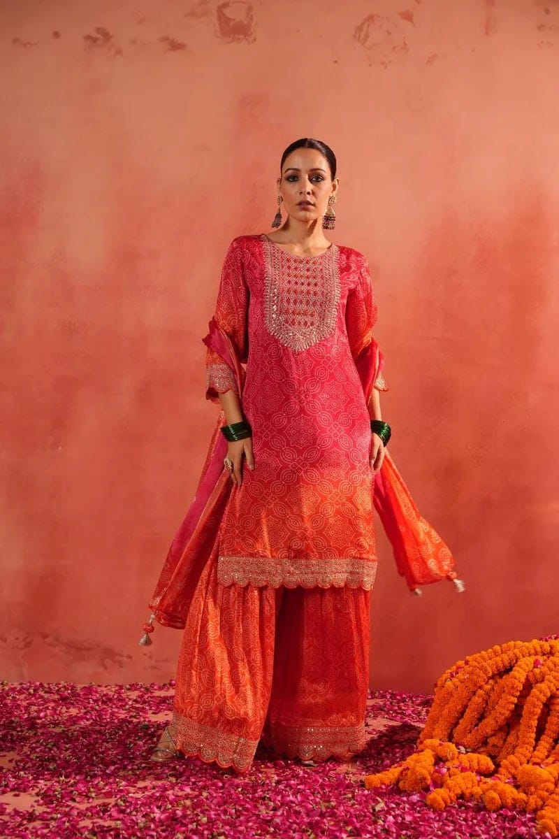 Festive Chinon Silk Bandhej Print Sharara Set | Heavy Sequence Embroidery