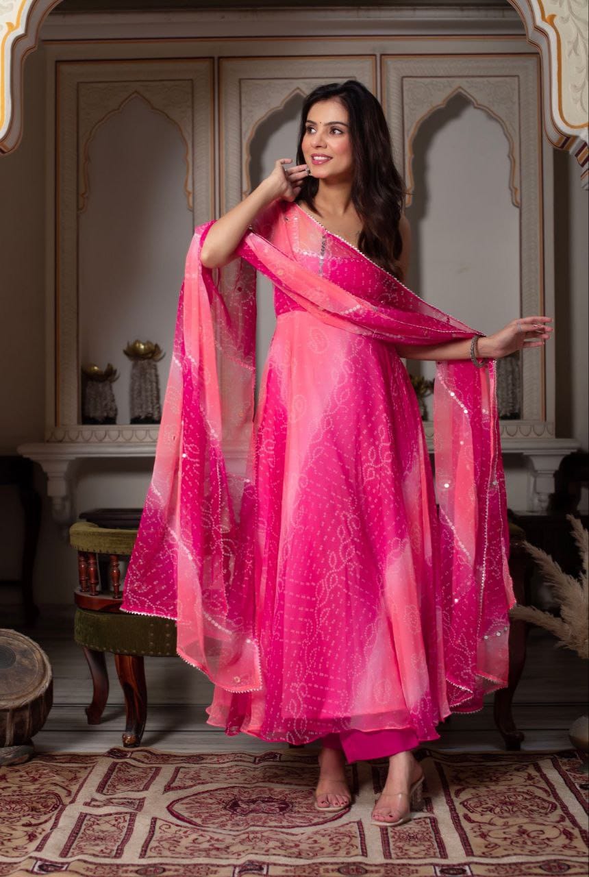 Radiant Pink Georgette Anarkali Suit with Dupatta & Palazzo
