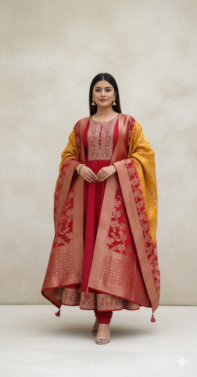 Royal Golden Zari Banana Silk Anarkali Kurti Set with Banarasi Dupatta