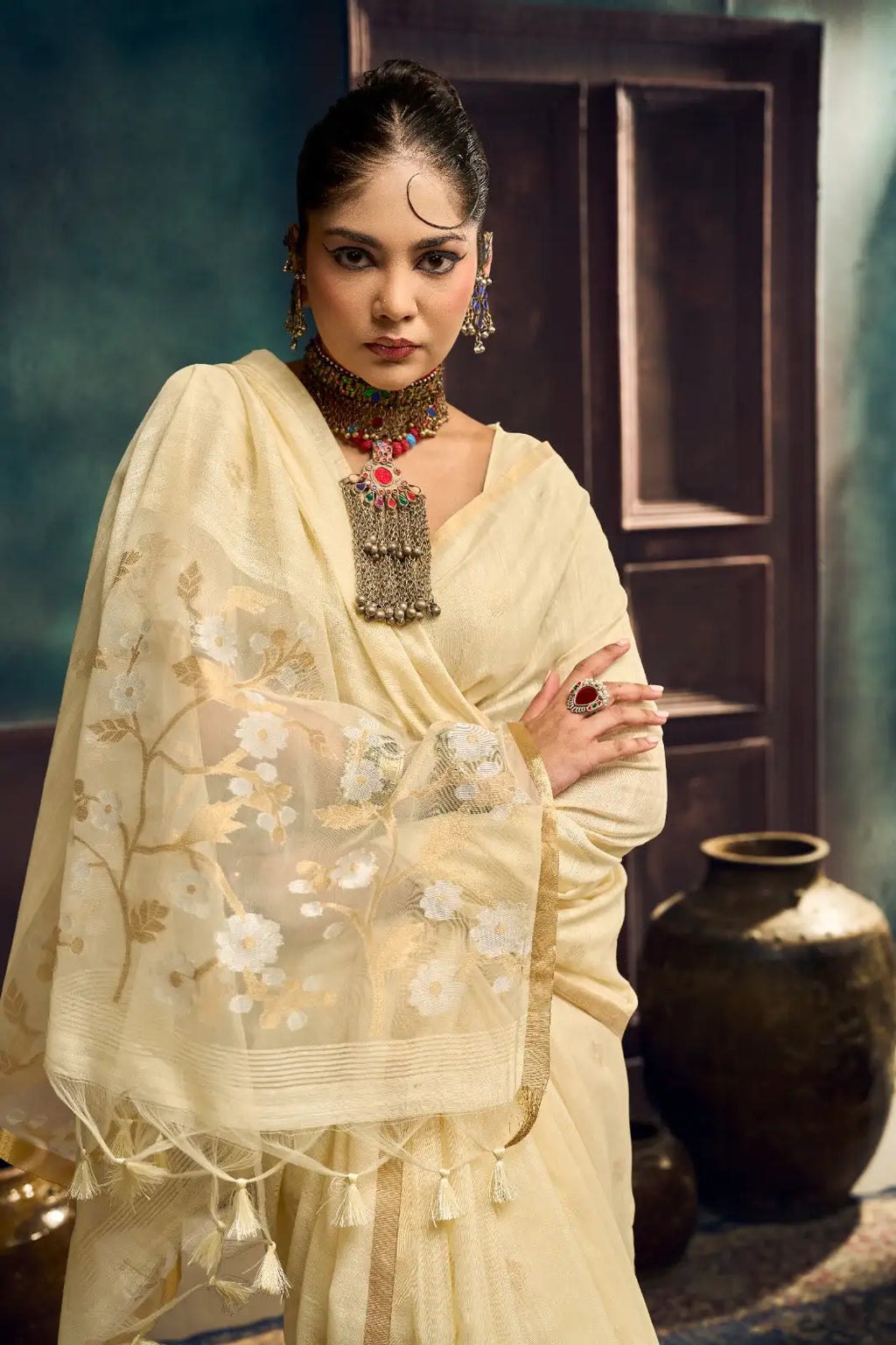 Authentic handloom Munga cotton saree with lightweight drape and woven border