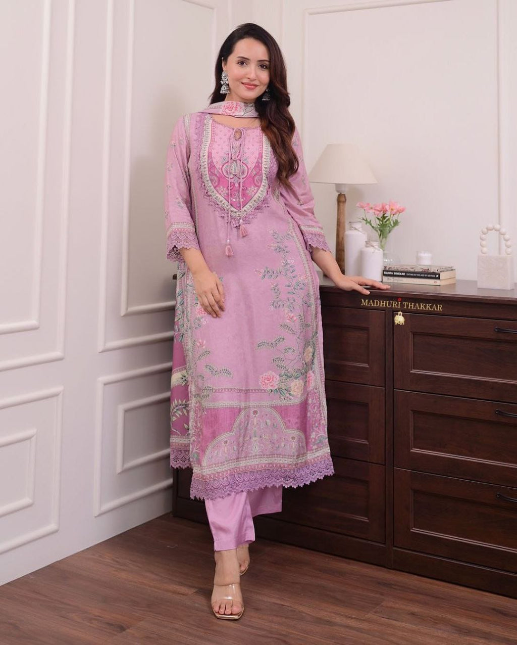 Lilac Pure Muslin Printed Suit Set with Hand Embroidery & Pearl Mala